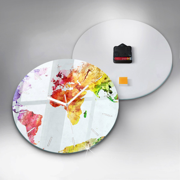 Round glass wall clock Watercolor world map