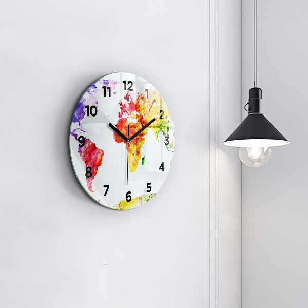 Round glass wall clock Watercolor world map