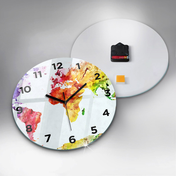 Round glass wall clock Watercolor world map