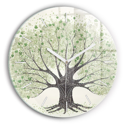 Round glass wall clock Big tree nature