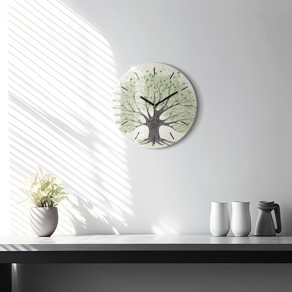 Round glass wall clock Big tree nature