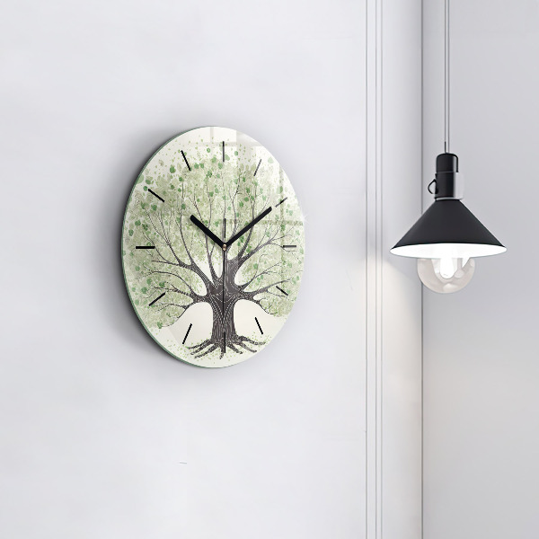 Round glass wall clock Big tree nature