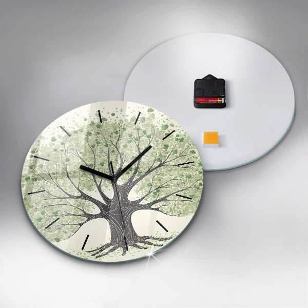 Round glass wall clock Big tree nature