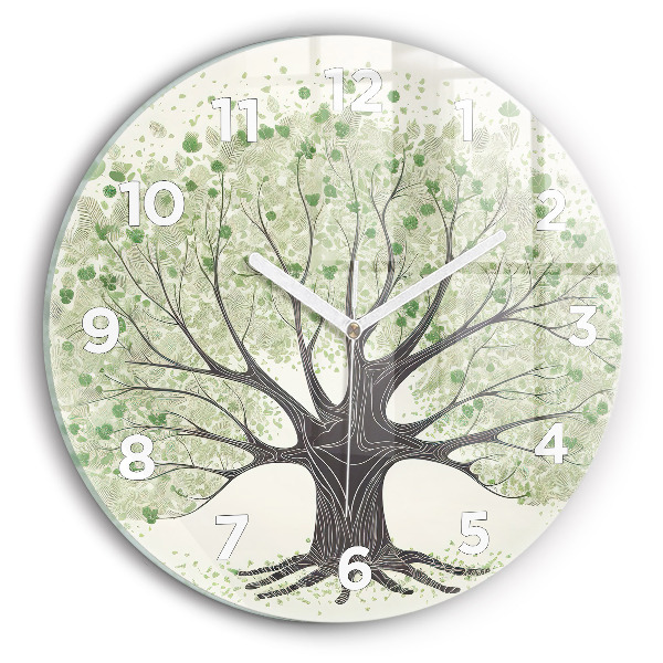 Round glass wall clock Big tree nature