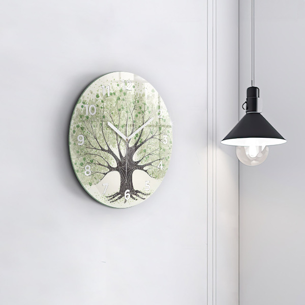 Round glass wall clock Big tree nature