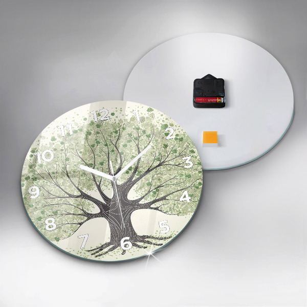 Round glass wall clock Big tree nature