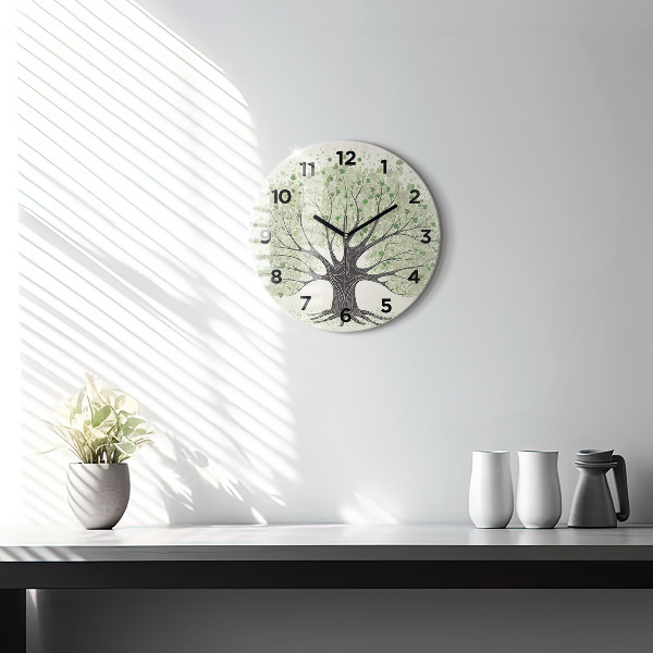 Round glass wall clock Big tree nature