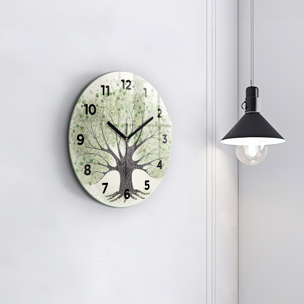 Round glass wall clock Big tree nature