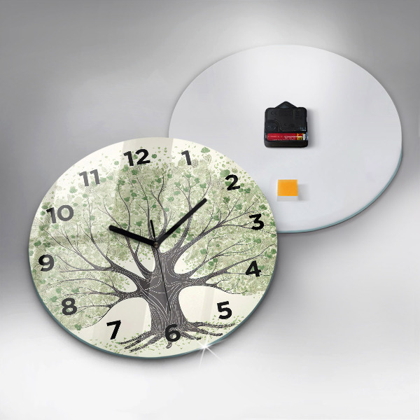 Round glass wall clock Big tree nature