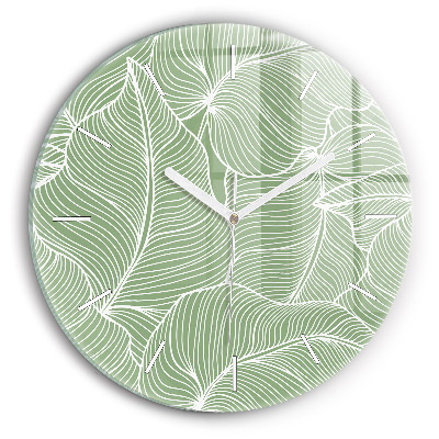 Round glass wall clock Leaves nature pattern
