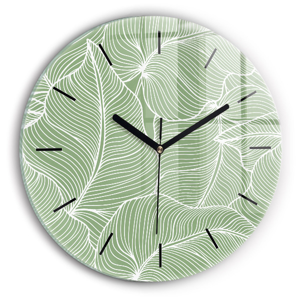 Round glass wall clock Leaves nature pattern
