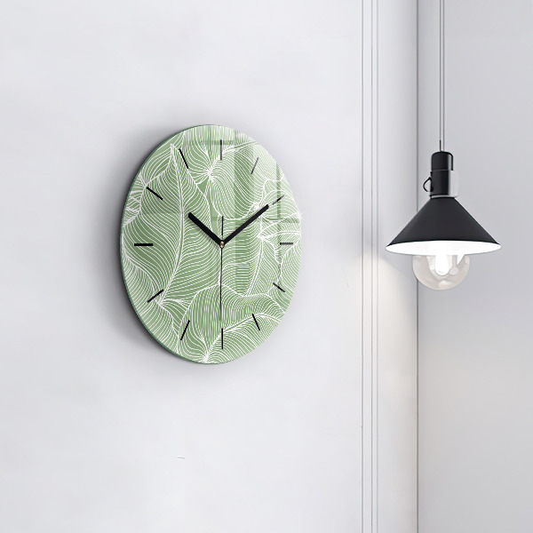 Round glass wall clock Leaves nature pattern