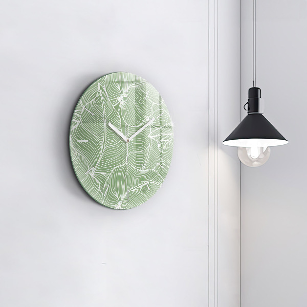 Round glass wall clock Leaves nature pattern