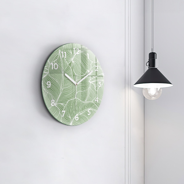 Round glass wall clock Leaves nature pattern