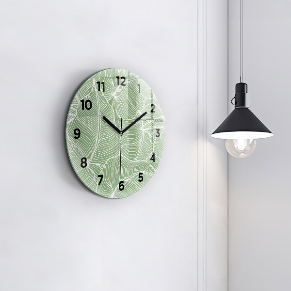 Round glass wall clock Leaves nature pattern