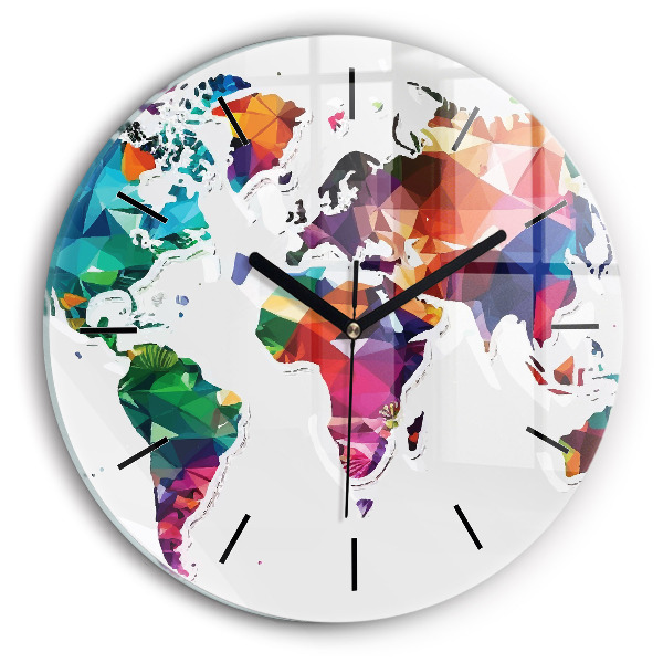 Round glass wall clock World map triangles