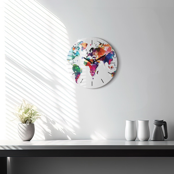 Round glass wall clock World map triangles