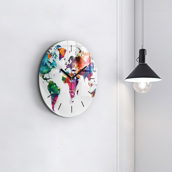 Round glass wall clock World map triangles
