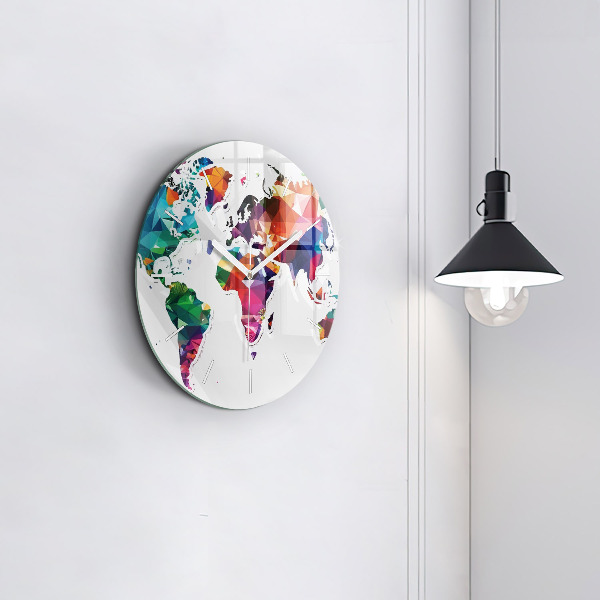 Round glass wall clock World map triangles