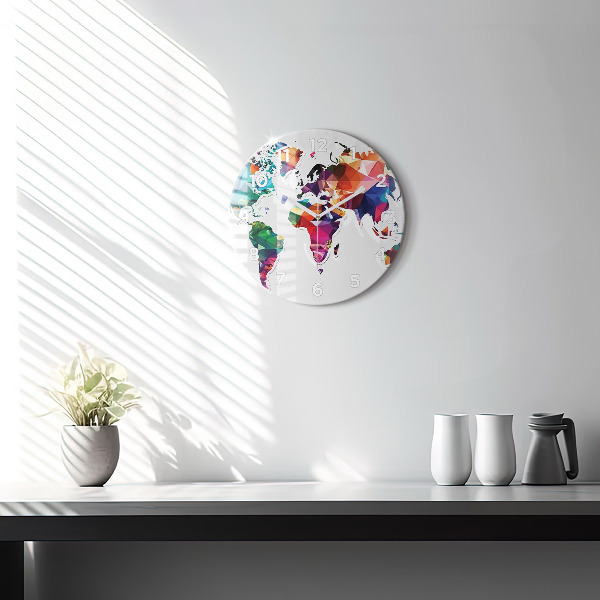 Round glass wall clock World map triangles