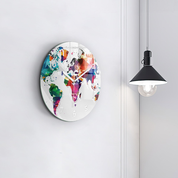 Round glass wall clock World map triangles