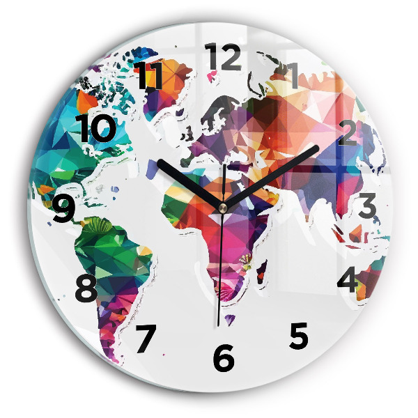 Round glass wall clock World map triangles