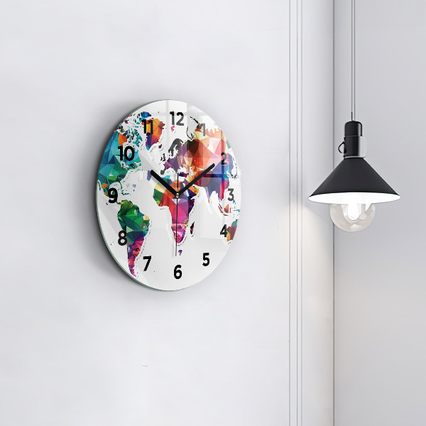 Round glass wall clock World map triangles