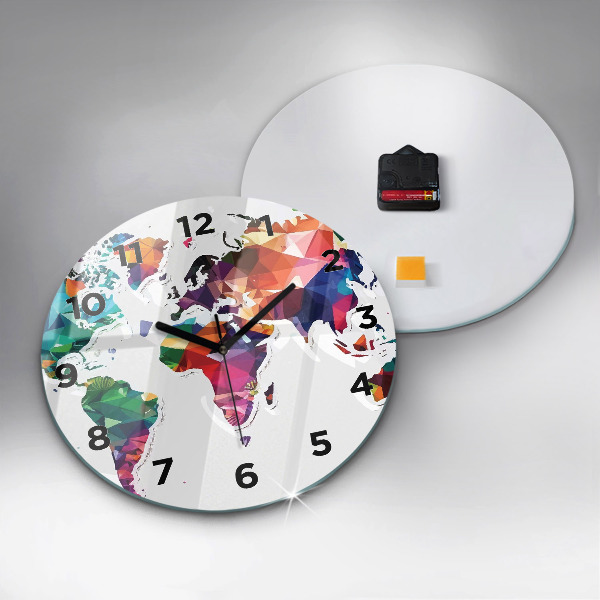 Round glass wall clock World map triangles