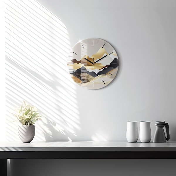 Round glass wall clock Abstract golden mountains