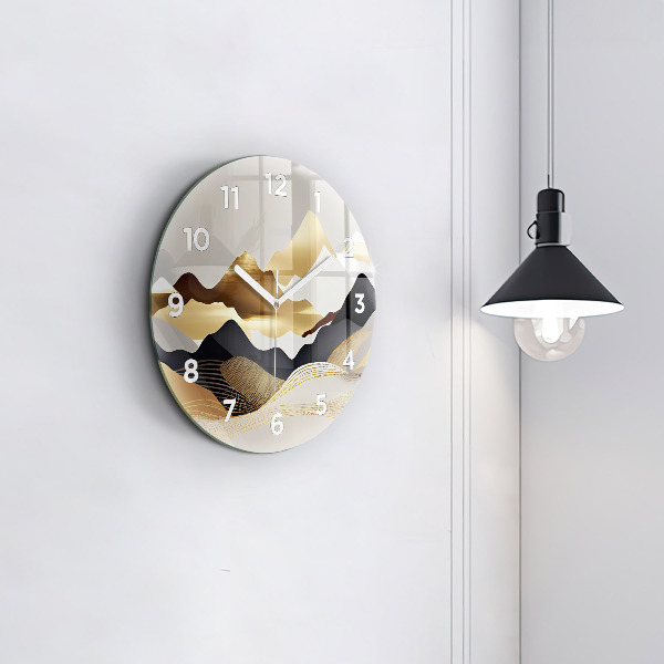Round glass wall clock Abstract golden mountains