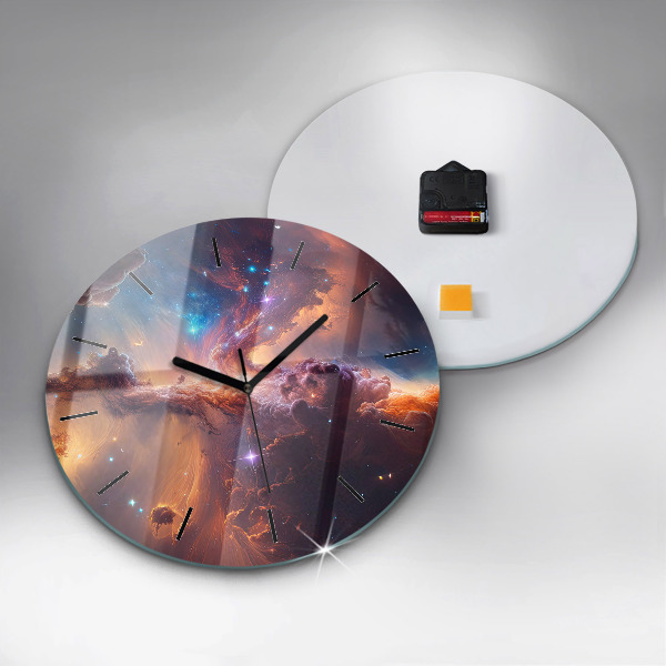 Round glass wall clock The cosmic world of stars