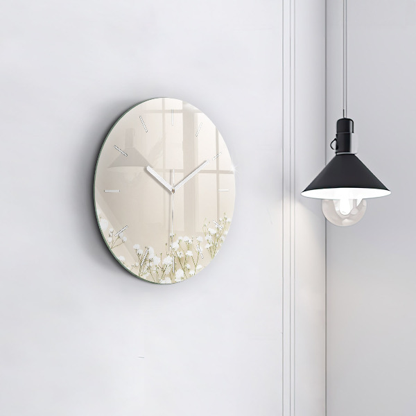 Round glass wall clock Blooming gypsophila flowers