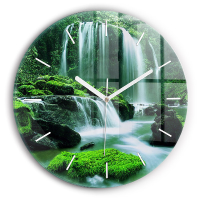 Round glass wall clock Waterfall among the moss