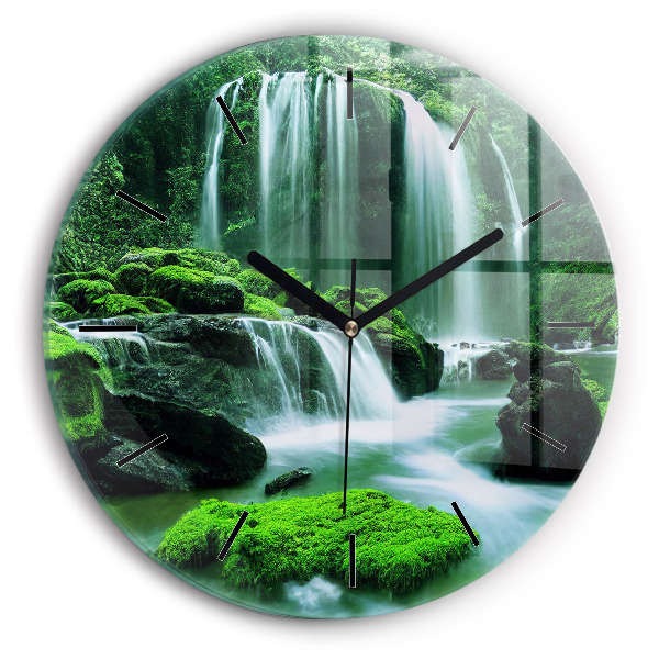 Round glass wall clock Waterfall among the moss
