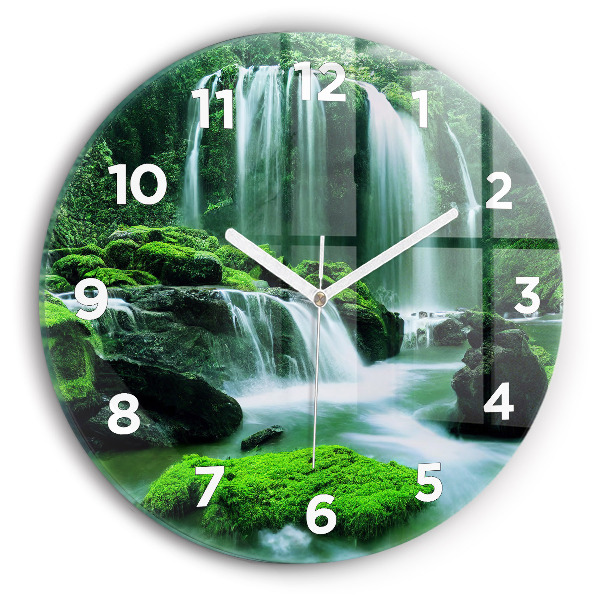 Round glass wall clock Waterfall among the moss