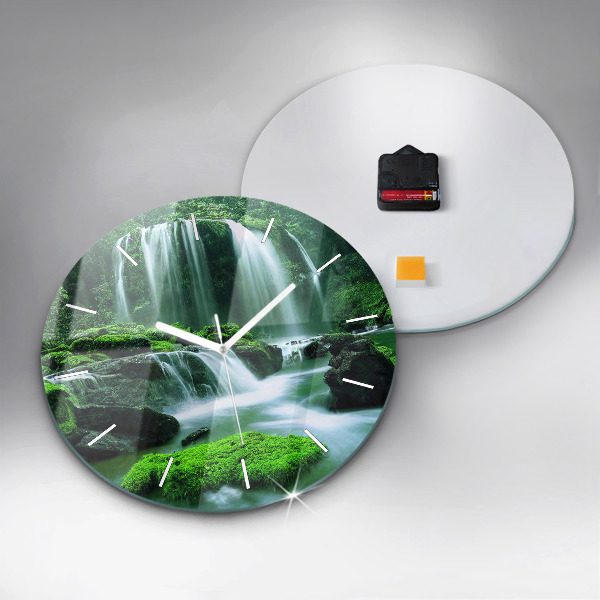Round glass wall clock Waterfall among the moss