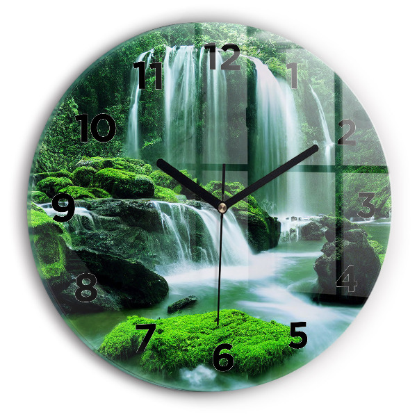 Round glass wall clock Waterfall among the moss