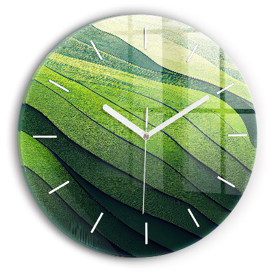 Round glass wall clock Green fields abstract