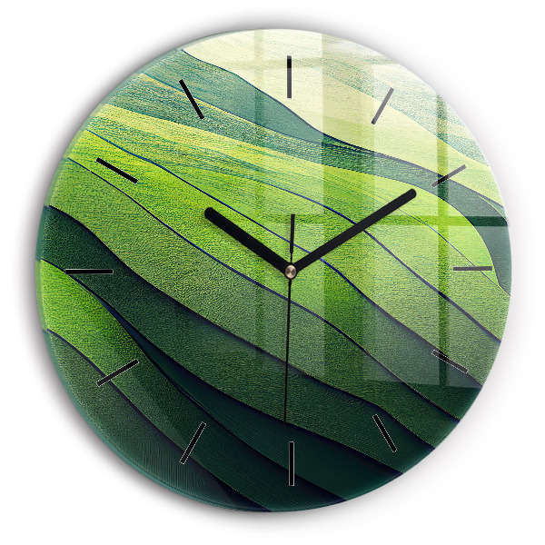 Round glass wall clock Green fields abstract