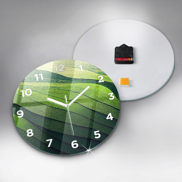 Round glass wall clock Green fields abstract