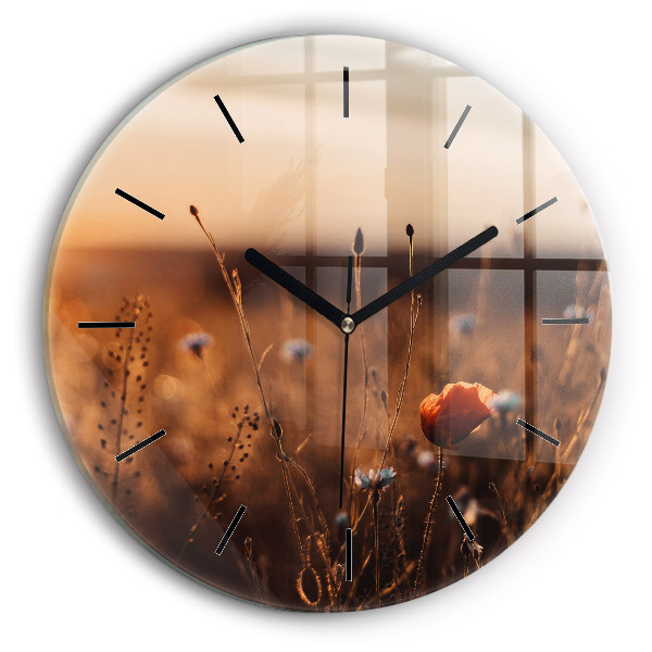 Round glass wall clock Field sunrise