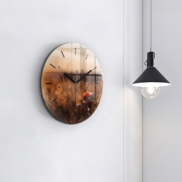 Round glass wall clock Field sunrise