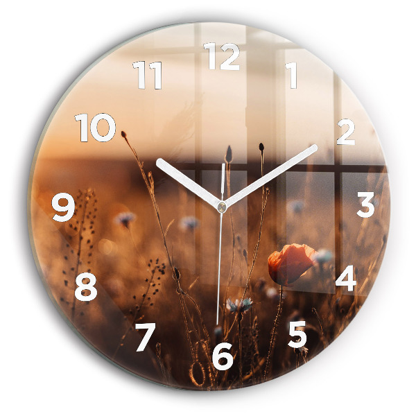 Round glass wall clock Field sunrise