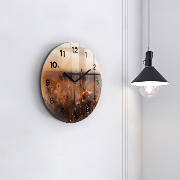 Round glass wall clock Field sunrise