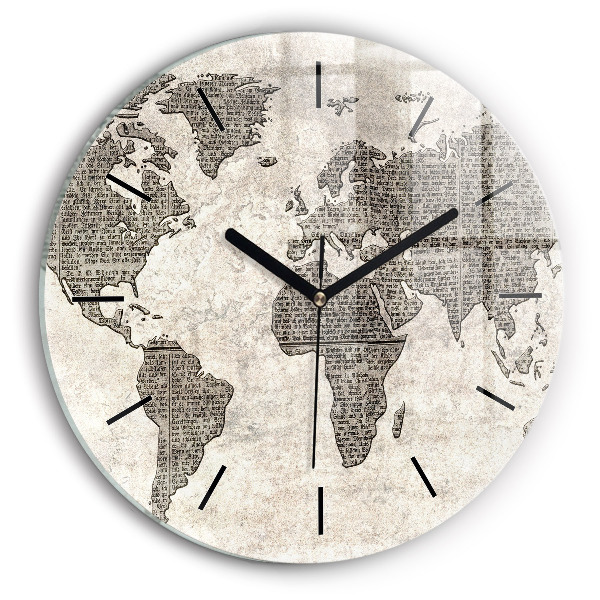 Round glass wall clock World map newspaper