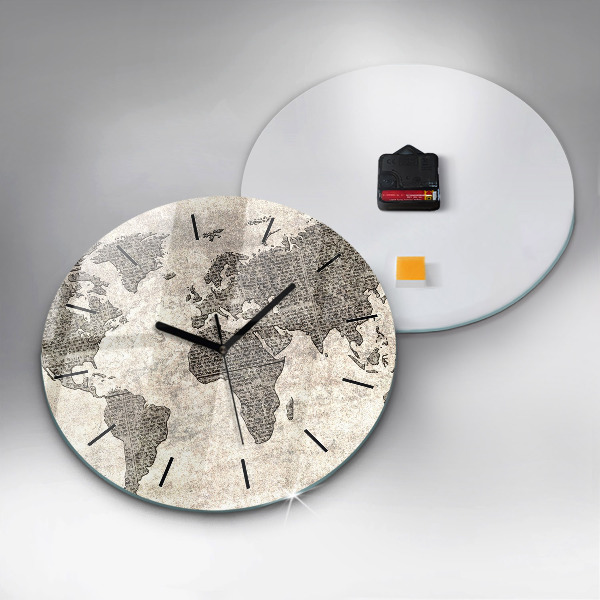 Round glass wall clock World map newspaper