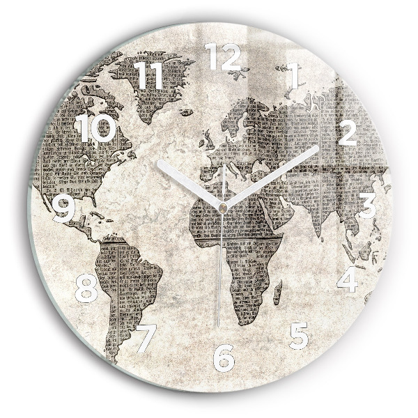 Round glass wall clock World map newspaper