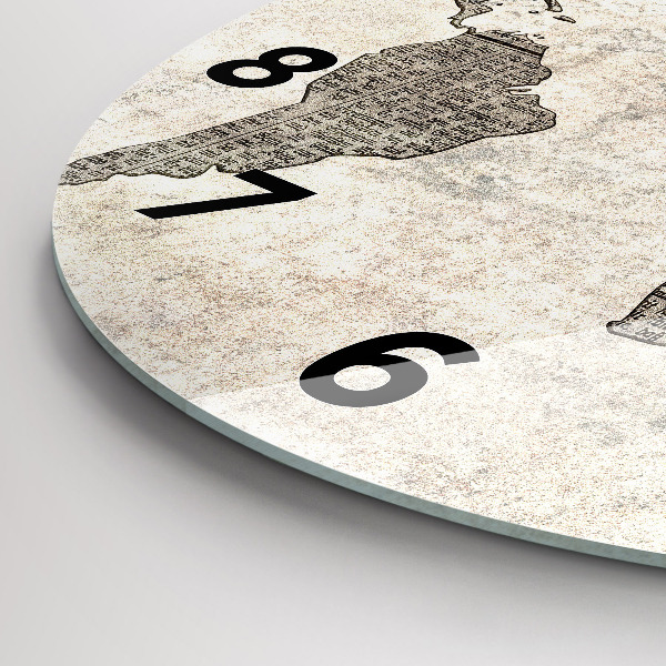 Round glass wall clock World map newspaper