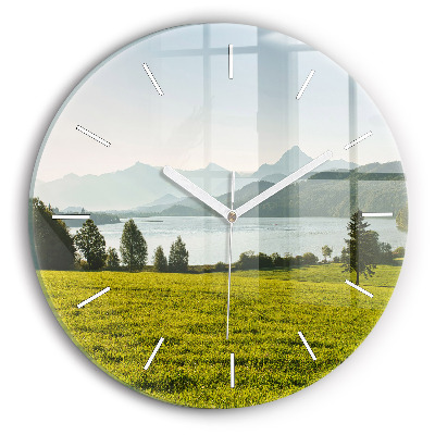 Round glass wall clock Mountains and field
