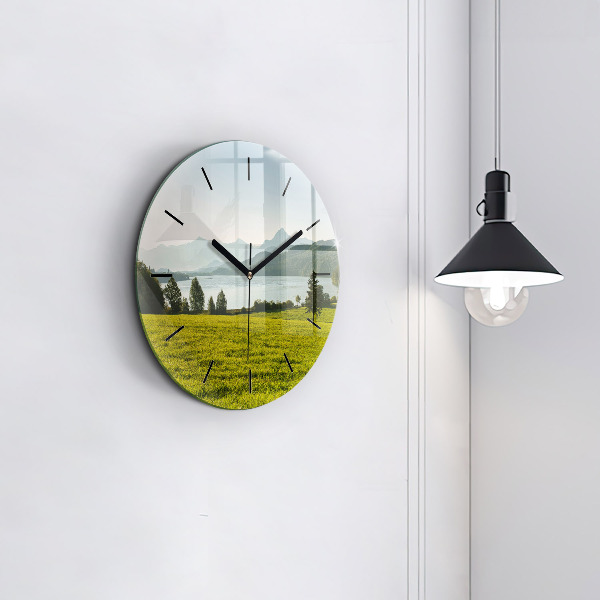 Round glass wall clock Mountains and field